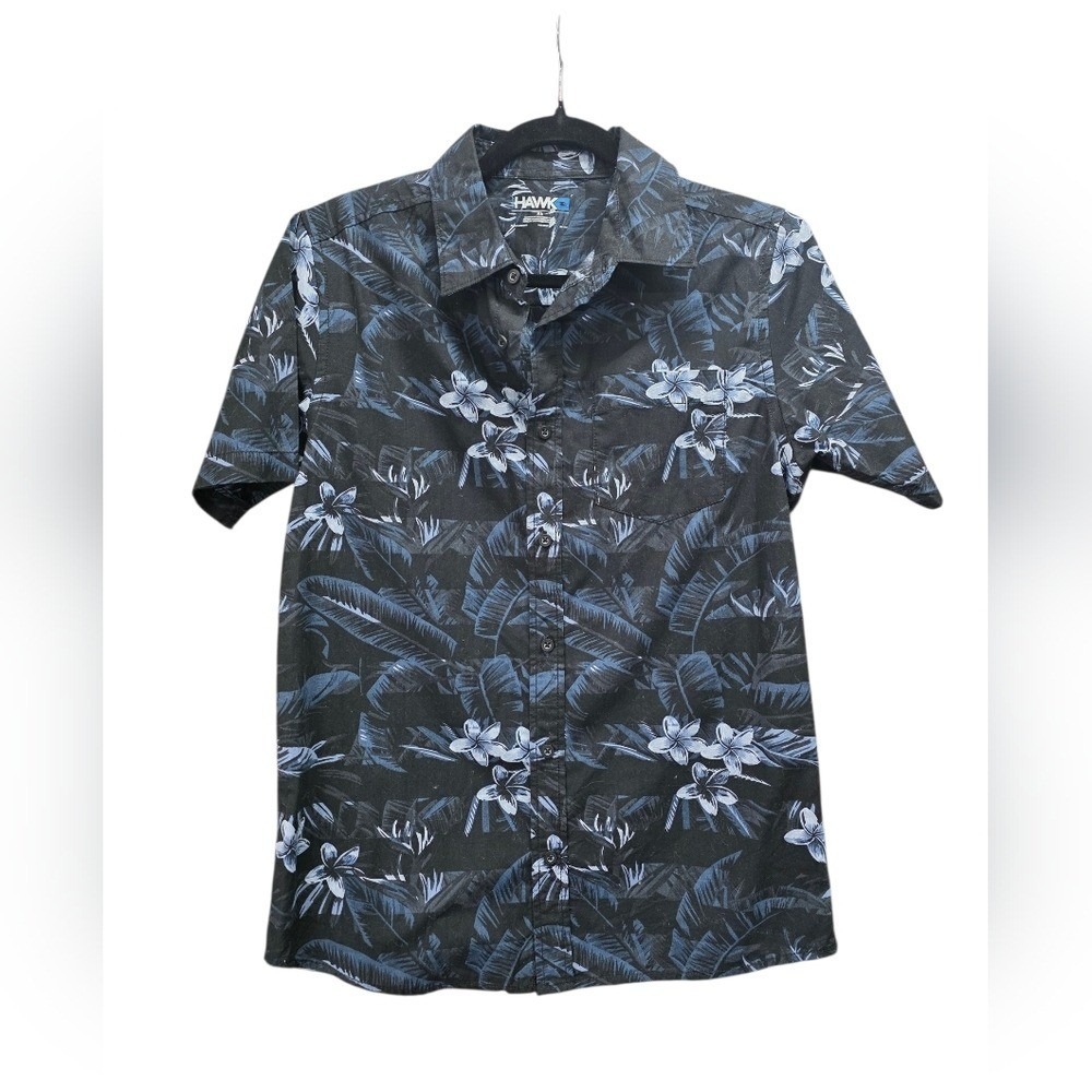 Tony Hawk XL Button Down Shirt Black Blue Tropical Floral Cotton Short Sleeve